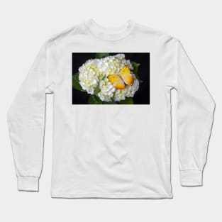 Yellow Butterfly On White Hydrangea Long Sleeve T-Shirt